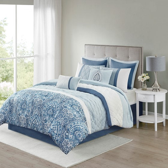 Shawnee Blue Medallion Comforter Set 8 Piece Bedding Set - Blue - Quahog Bay Bedding