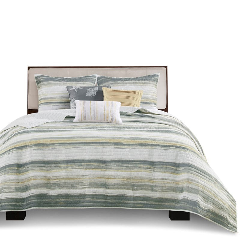 Queen Beach Quilt Set - Marina Yellow And Grey Hues 6PC - Beach Themed Bedding Set