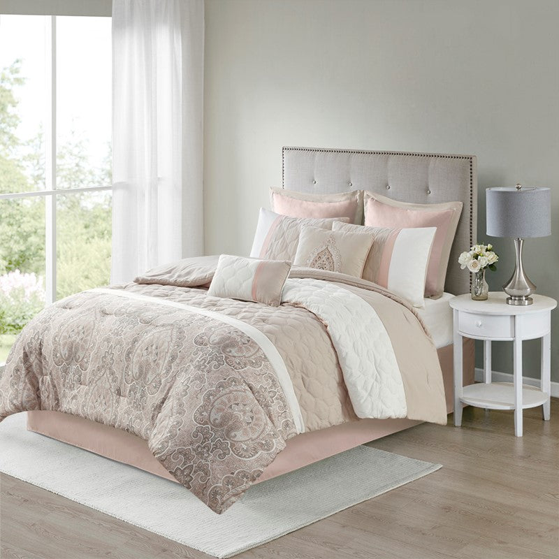 Embroidered Medallion Comforter Set -  Blush Medallion Bedding Set - 8PC