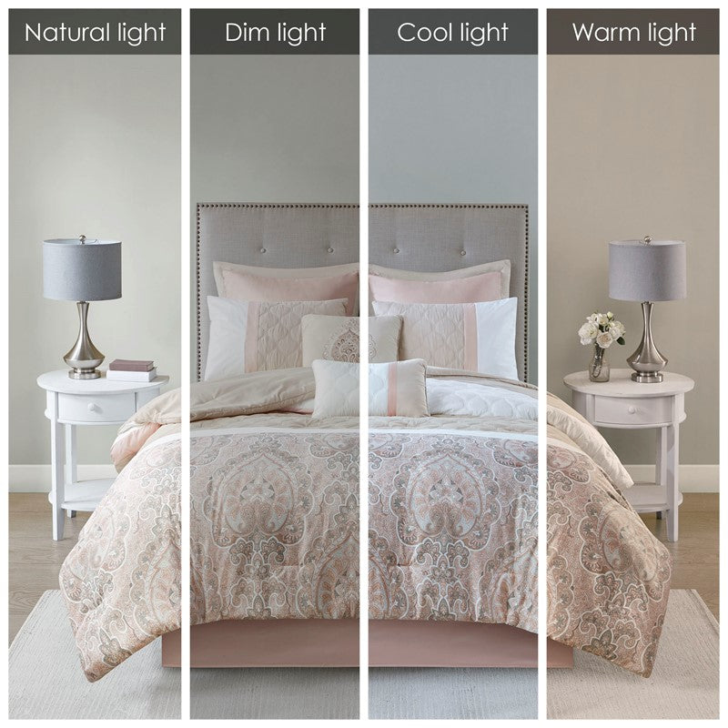Embroidered Medallion Comforter Set -  Blush Medallion Bedding Set - 8PC