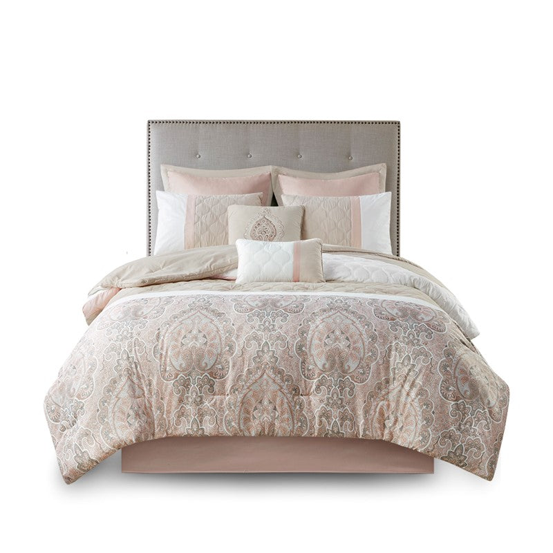Embroidered Medallion Comforter Set -  Blush Medallion Bedding Set - 8PC