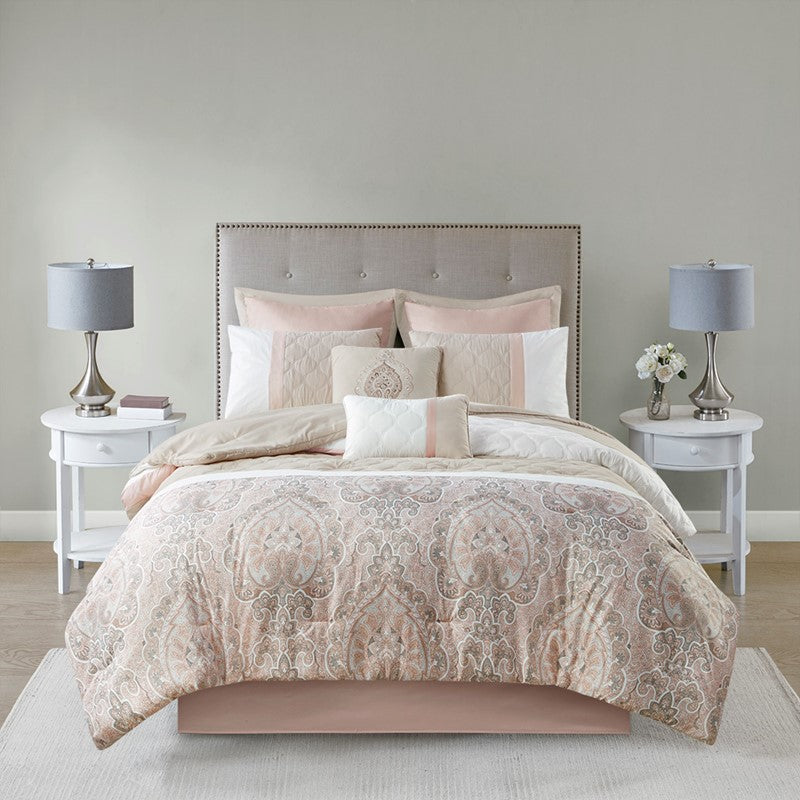 Embroidered Medallion Comforter Set -  Blush Medallion Bedding Set - 8PC