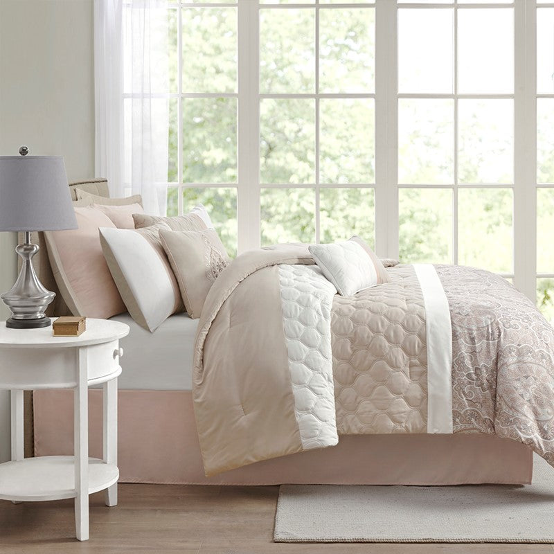 Embroidered Medallion Comforter Set -  Blush Medallion Bedding Set - 8PC