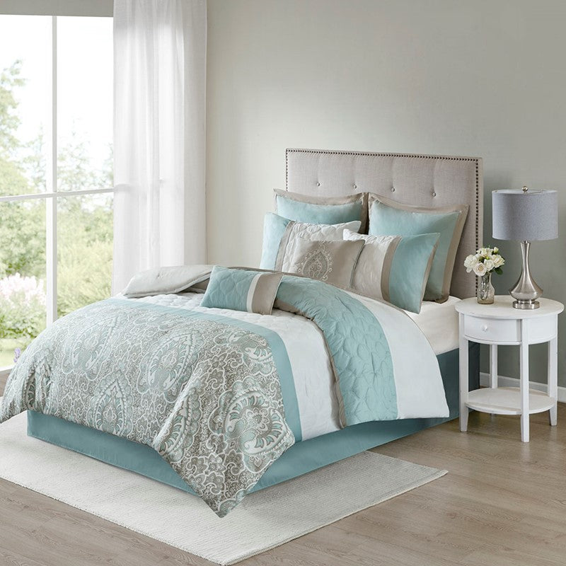 Embroidered Medallion Comforter Set -  Seafoam Medallion Bedding Set - 8PC