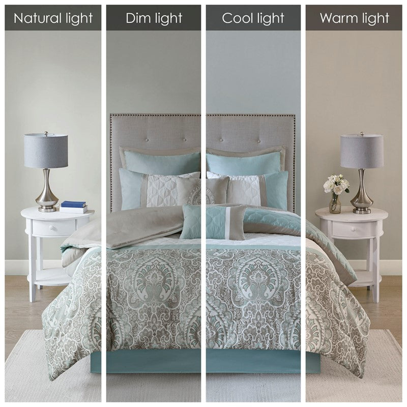 Embroidered Medallion Comforter Set -  Seafoam Medallion Bedding Set - 8PC