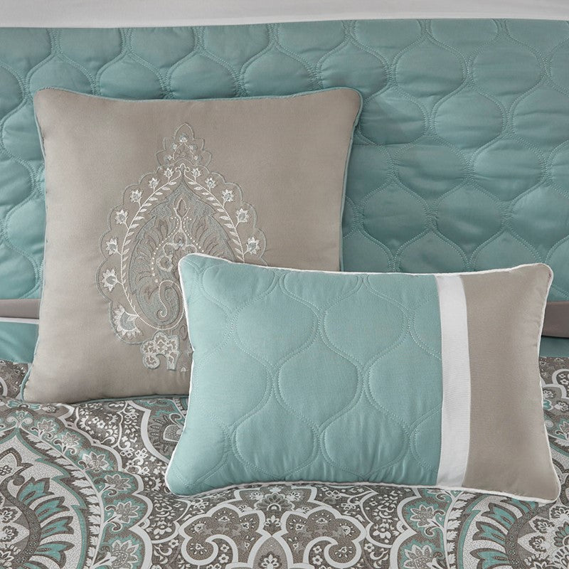 Embroidered Medallion Comforter Set -  Seafoam Medallion Bedding Set - 8PC
