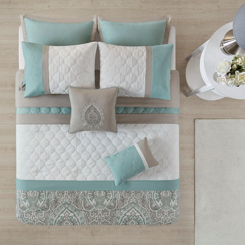 Embroidered Medallion Comforter Set -  Seafoam Medallion Bedding Set - 8PC