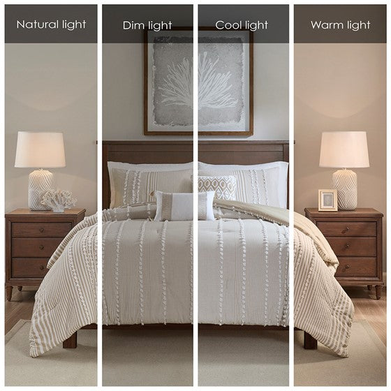 Anslee Comforter Set - Jacquard Yarn Dyed Cotton - Soft White & Taupe Hues