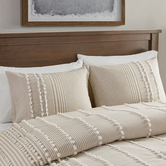 Anslee Comforter Set - Jacquard Yarn Dyed Cotton - Soft White & Taupe Hues