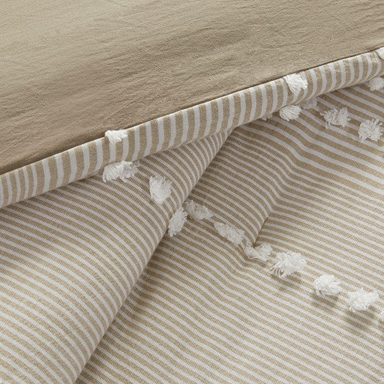 Anslee Duvet Cover Set - Jacquard Yarn Dyed Cotton - Soft White And Taupe Hues