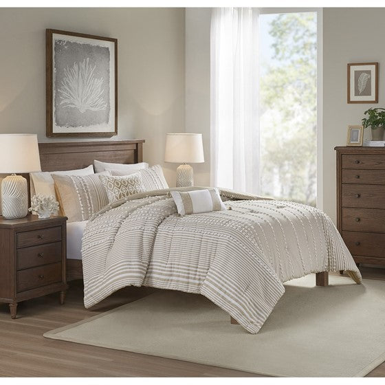 Anslee Comforter Set - Jacquard Yarn Dyed Cotton - Soft White & Taupe Hues