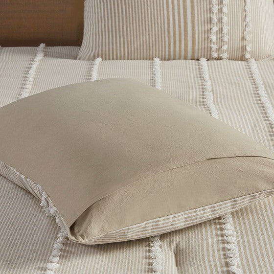 Anslee Duvet Cover Set - Jacquard Yarn Dyed Cotton - Soft White And Taupe Hues
