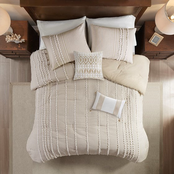 Anslee Comforter Set - Jacquard Yarn Dyed Cotton - Soft White & Taupe Hues