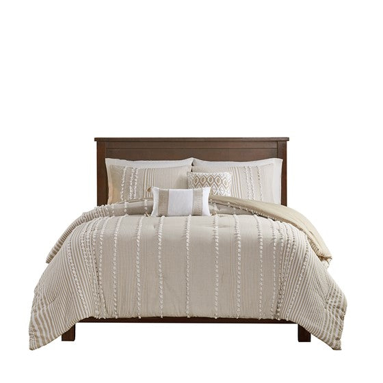 Anslee Comforter Set - Jacquard Yarn Dyed Cotton - Soft White & Taupe Hues