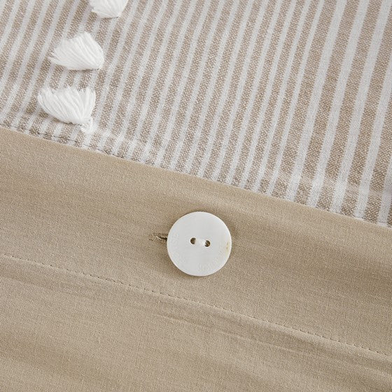 Anslee Duvet Cover Set - Jacquard Yarn Dyed Cotton - Soft White And Taupe Hues