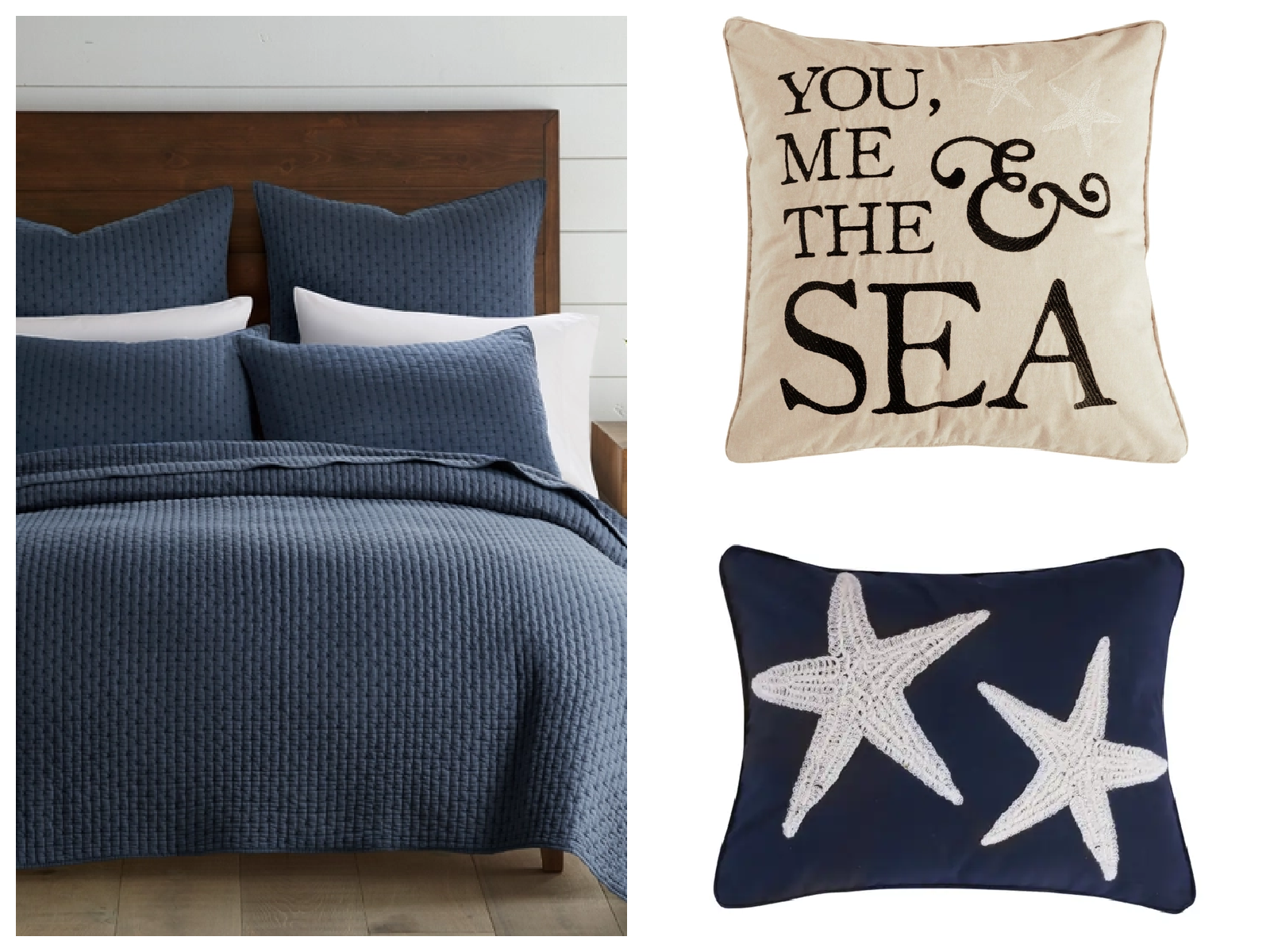 "Bar Harbor Universal V Berth 5-Piece Coastal Quilt Set, Navy Blue, 88x92x40 inches, with Decorative Sea Pillows - Quahog Bay Bedding"
