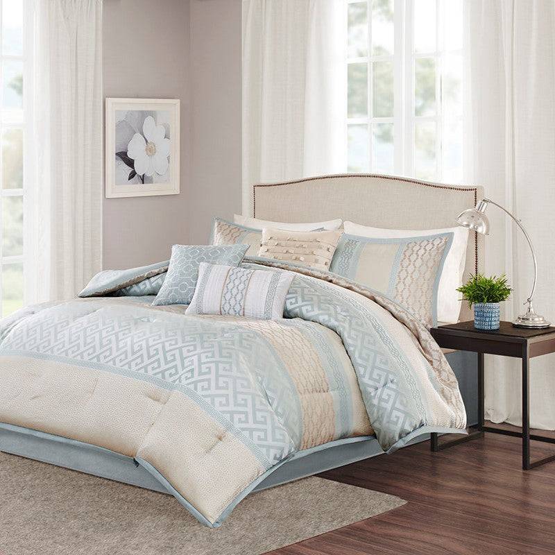 Coastal Bennett 7PC Complete Bedding Ensemble - Jacquard Comforter Set – Aqua