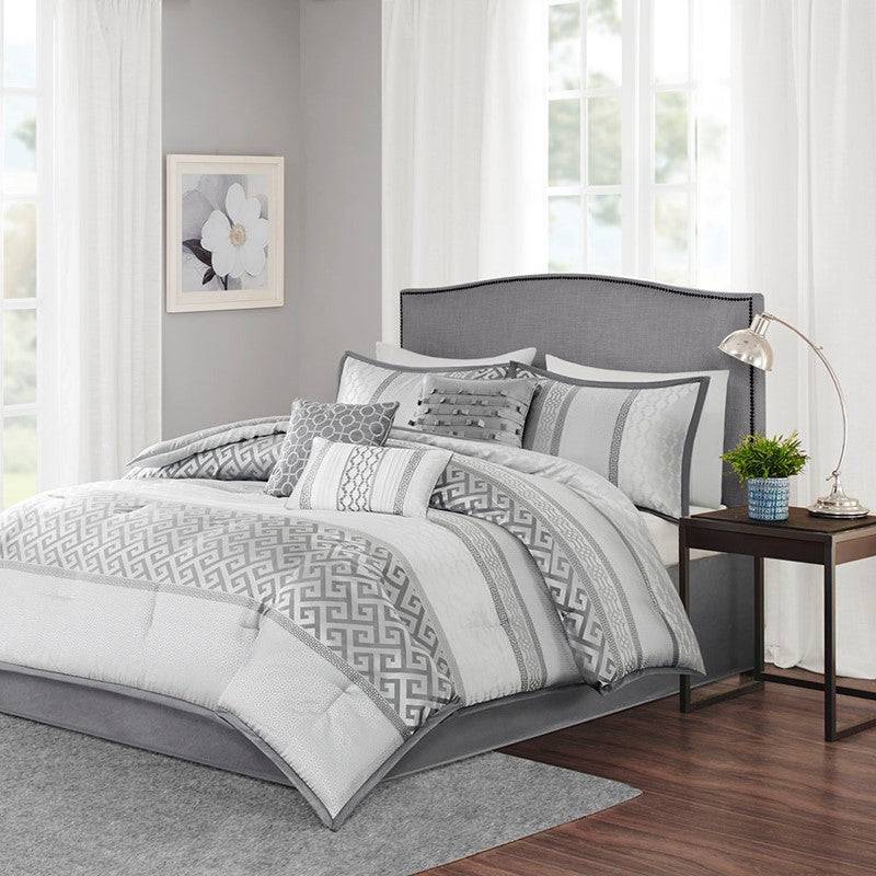 Bennett 7PC Complete Bedding Ensemble - Jacquard Comforter Set – Grey
