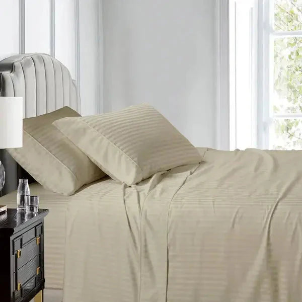 Egyptian Linens Split Top King Sheets 600TC 100% Cotton Damaske Stripe- Fitted Sheet With Wings - Quahog Bay Bedding