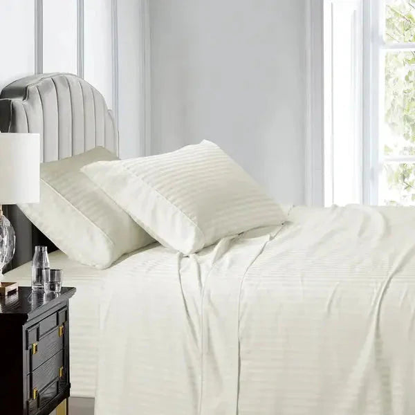 Egyptian Linens Split Top King Sheets 600TC 100% Cotton Damaske Stripe- Fitted Sheet With Wings - Quahog Bay Bedding