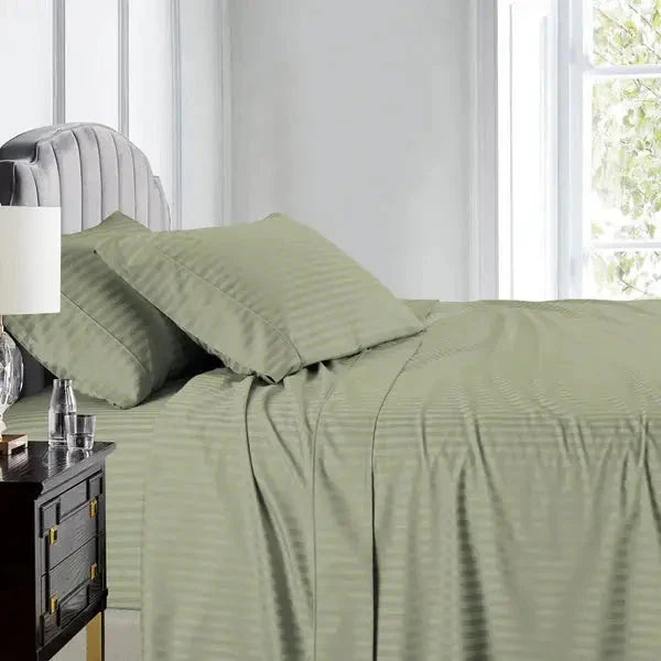 Egyptian Linens Split Top King Sheets 600TC 100% Cotton Damaske Stripe- Fitted Sheet With Wings - Quahog Bay Bedding