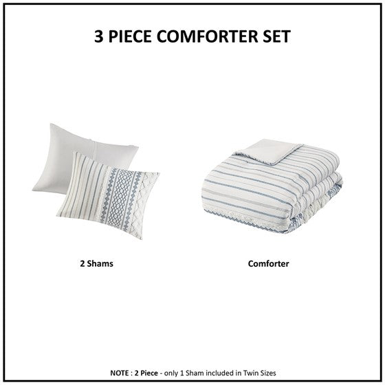 Imani Cotton Printed Comforter Set with Chenille Navy & White Hues