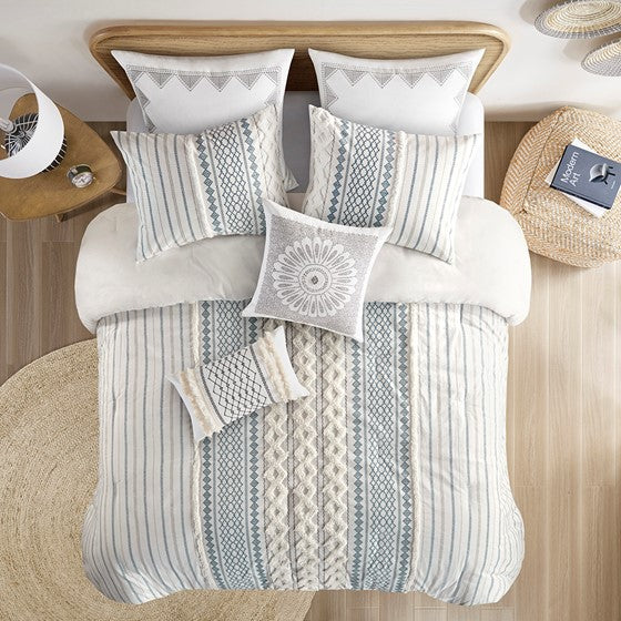 Imani Cotton Printed Comforter Set with Chenille Navy & White Hues