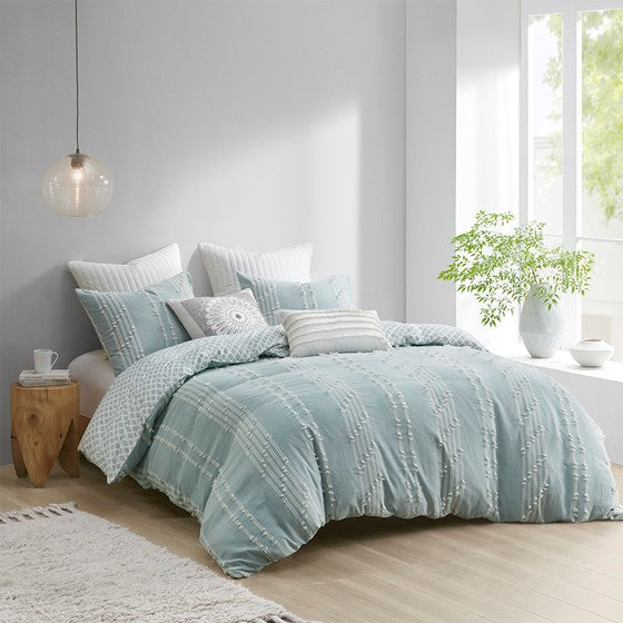 Kara Cotton Jacquard Aqua Coastal 3PC Duvet Cover Set
