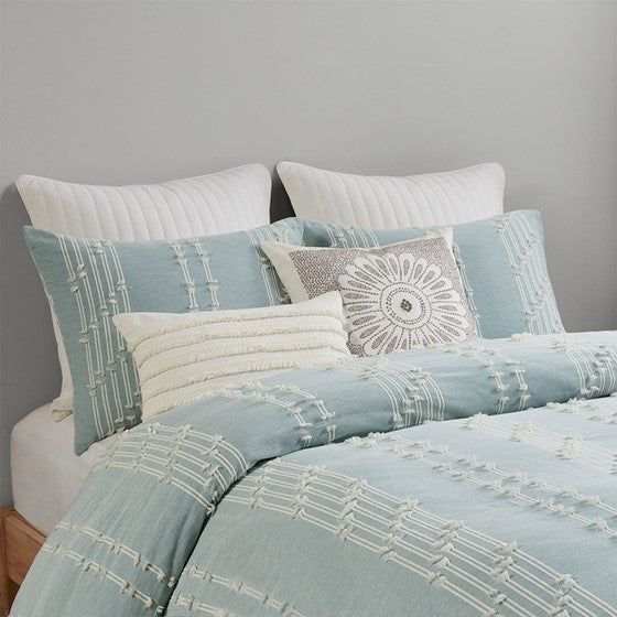 Kara Cotton Jacquard Aqua Coastal 3PC Duvet Cover Set