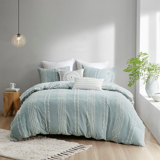 Kara Cotton Jacquard Aqua Coastal 3PC Duvet Cover Set
