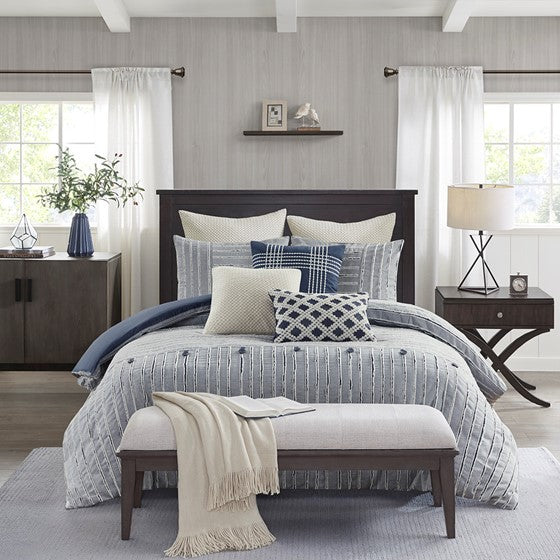 Oversized Cotton Clipped Jacquard Farmhouse Style Comforter Set - Blue