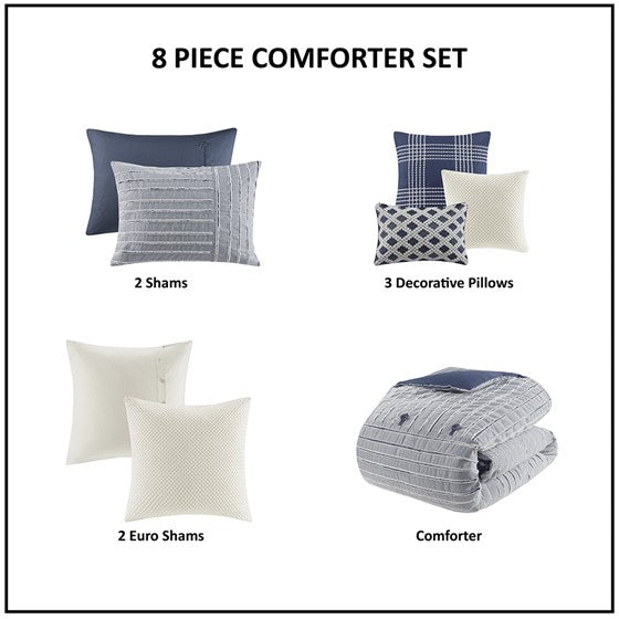 Oversized Cotton Clipped Jacquard Farmhouse Style Comforter Set - Blue