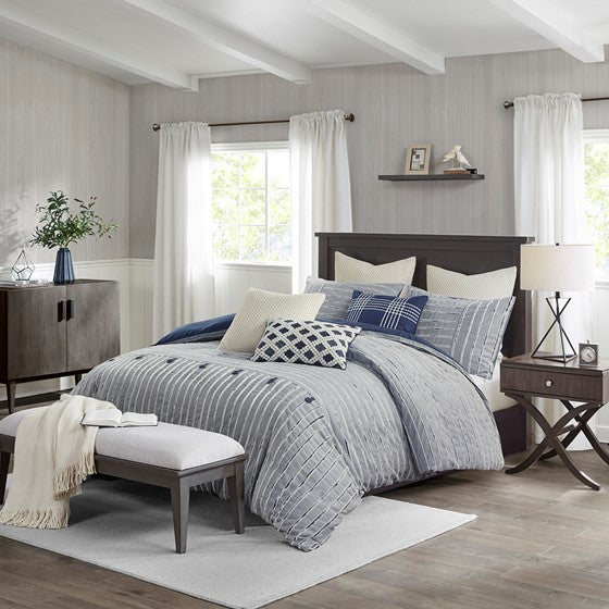 Oversized Cotton Clipped Jacquard Farmhouse Style Comforter Set - Blue