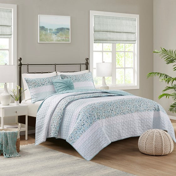 Coastal Floral Quilt Set - 4PC Shabby Chic Seersucker Quilt Set - Aqua