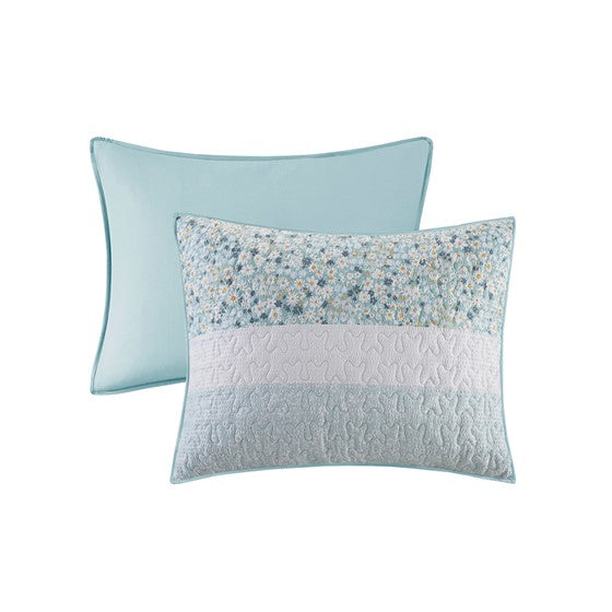 Coastal Floral Quilt Set - 4PC Shabby Chic Seersucker Quilt Set - Aqua