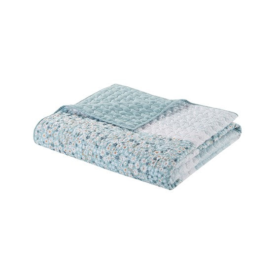 Coastal Floral Quilt Set - 4PC Shabby Chic Seersucker Quilt Set - Aqua