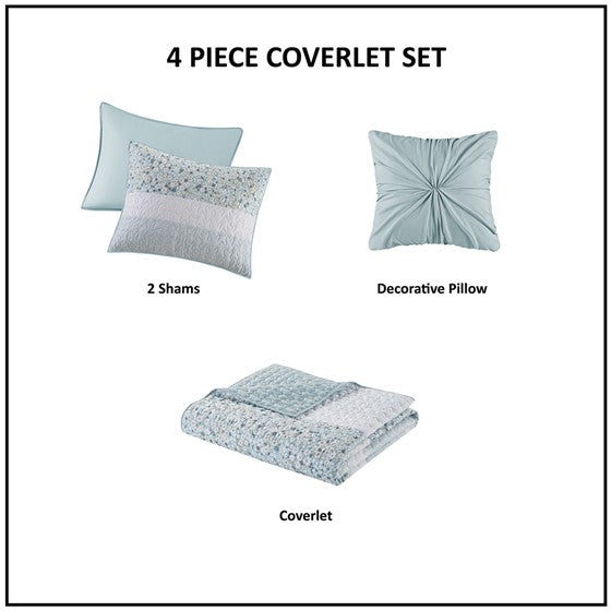 Coastal Floral Quilt Set - 4PC Shabby Chic Seersucker Quilt Set - Aqua