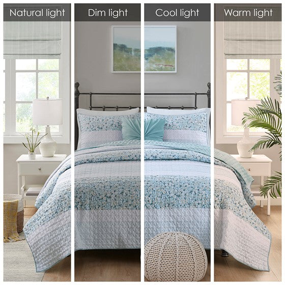Coastal Floral Quilt Set - 4PC Shabby Chic Seersucker Quilt Set - Aqua