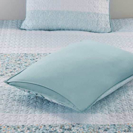 Coastal Floral Quilt Set - 4PC Shabby Chic Seersucker Quilt Set - Aqua