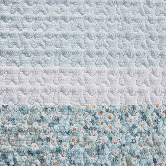 Coastal Floral Quilt Set - 4PC Shabby Chic Seersucker Quilt Set - Aqua