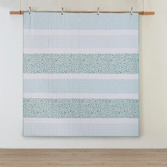 Coastal Floral Quilt Set - 4PC Shabby Chic Seersucker Quilt Set - Aqua