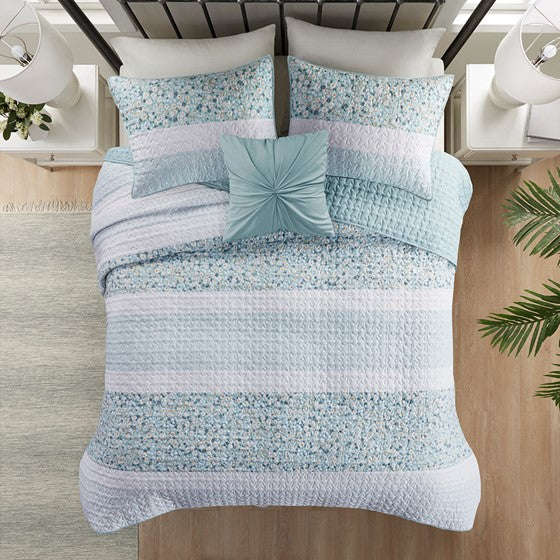 Coastal Floral Quilt Set - 4PC Shabby Chic Seersucker Quilt Set - Aqua