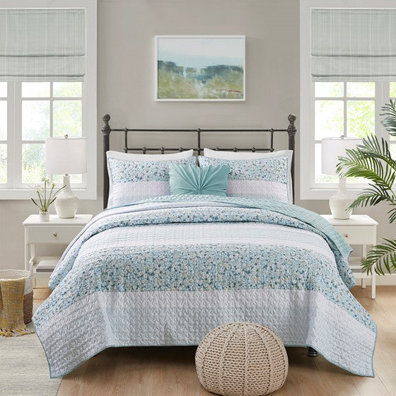 Coastal Floral Quilt Set - 4PC Shabby Chic Seersucker Quilt Set - Aqua