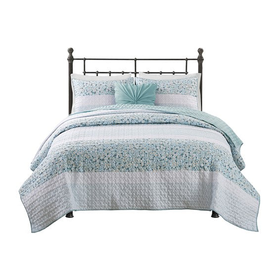 "Madison Park Coastal Shabby Chic Seersucker Floral 4PC Quilt Set - Aqua, Blue & Green Hues - Quahog Bay Bedding"