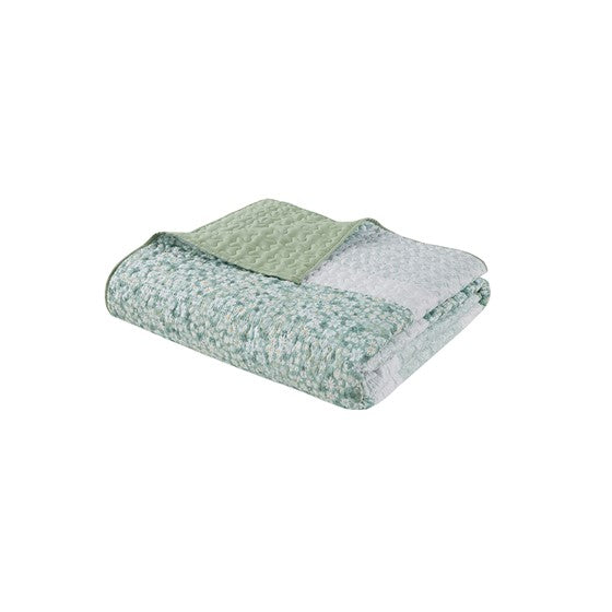 Coastal Floral Quilt Set - 4PC Shabby Chic Seersucker Quilt - Green