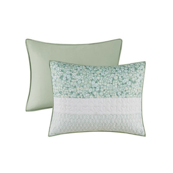 Coastal Floral Quilt Set - 4PC Shabby Chic Seersucker Quilt - Green
