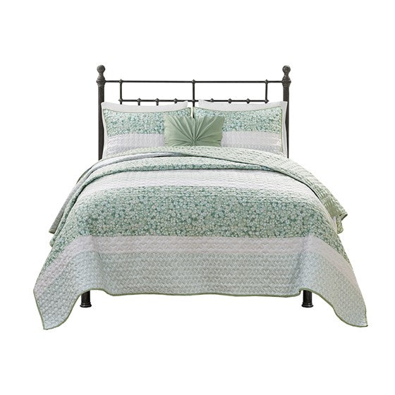 "Madison Park Coastal Shabby Chic Seersucker Floral 4PC Quilt Set - Green, Yellow & White Hues - Quahog Bay Bedding"