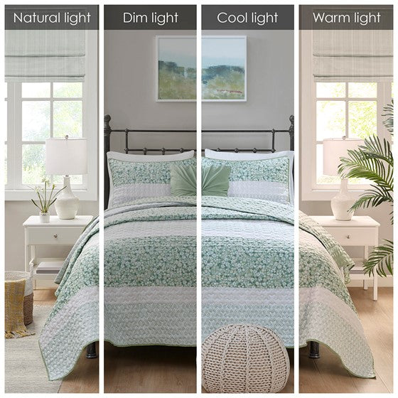 Coastal Floral Quilt Set - 4PC Shabby Chic Seersucker Quilt - Green