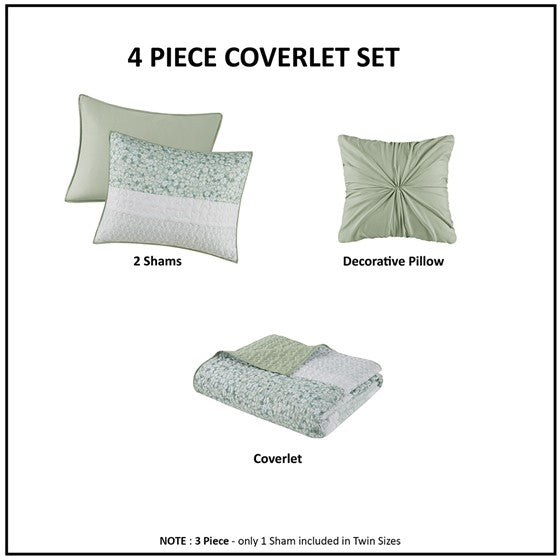 Coastal Floral Quilt Set - 4PC Shabby Chic Seersucker Quilt - Green