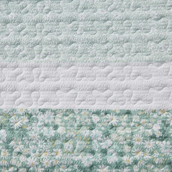 Coastal Floral Quilt Set - 4PC Shabby Chic Seersucker Quilt - Green